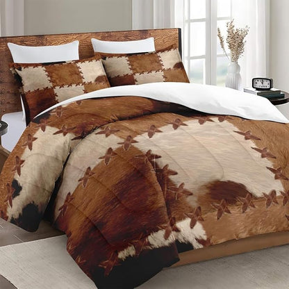 Twin Size Comforter Set with Pillowcase, Vintage Retro Cowhide Rustic Cow Soft 2 Pcs Bedding for Kids and Adults Bedroom Bed Decor