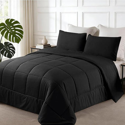 Exclusivo Mezcla Lightweight Reversible Full Queen Size Comforter Set, Down Alternative Comforter with 2 Pillow Sham, Full Queen Size Bedding Set for All Seasons, Black