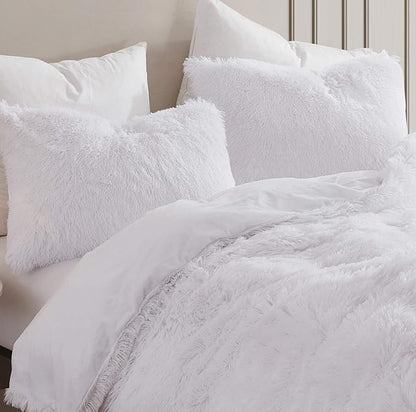 Plush Shaggy Comforter Set Ultra Soft Luxurious Faux Fur Decorative Fluffy Crystal Velvet Bedding with 2 Shams, Queen, White