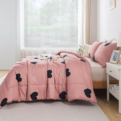 Caressma Love Pattern Cameo Brown Comforter Set Full Size, Pink Love Heart Sexy Comforter Bedding Set for All Seasons, Geometric Microfiber 3 Pieces Comforter Set with Pillowshams