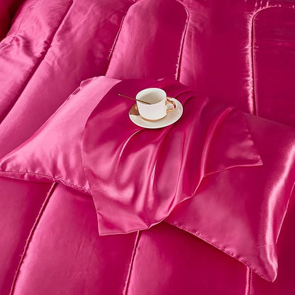 Satin King Comforter Sets Silk Like Hot Pink Comforter Alternative Down Comforter Soft Polyester Filling Luxury Silky Bedding Comforter Set 1 Comforter 2 Pillowcases (King, Hot Pink)