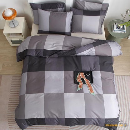 mixinni Full Size Comforter Sets Men Boys Geometric Checkered Plaid Printed Bedding Comforter for All Season Soft Lightweight Bedding Set-(Full Size, Grey,Black)