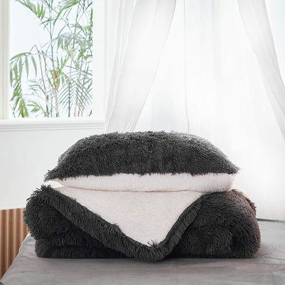 Joyreap 3-Piece Plush Shaggy Comforter Set, Full/Queen Size Luxury Faux Fur Sherpa Reversible Bedding Comforter Set, Ultra Cozy Warm Fluffy Bedding Set for Winter (Black, 88x88 inches)