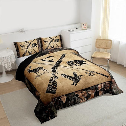 Erosebridal Hunting and Fishing Comforter Set Full Tree Branch Camo Bedding Set for Kids Boys Teen Men,Woodland Wildlife Bass Fish Duck Bear Deer Bed Comforter Set Rustic Farmhouse Cabin Quilt Set