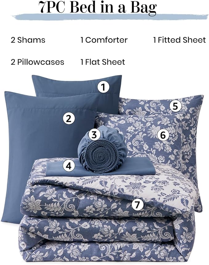 Full Comforter Set -7 Pieces Floral Oxford Blue Comforter Set for All Seasons, Bed in a Bag Full with Botanical Flowers Comforter, Sheets, Pillowcases & Shams