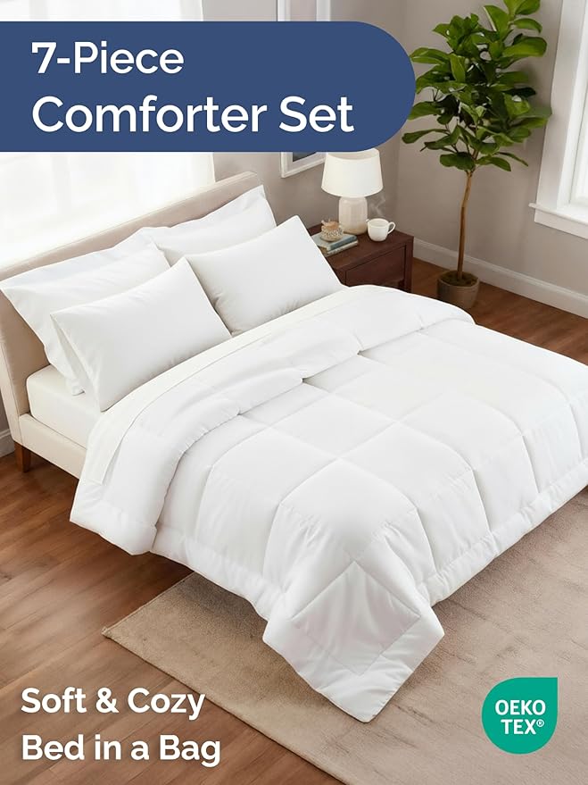 Queen Comforter Set - 7 Piece Bed in a Bag Queen Size Bed Set - Down Alternative Comforter, Flat Sheet, Fitted Sheet, Pillowcase & Shams for All Seasons - Ultra Soft, Cozy, Comfy & Breathable - White