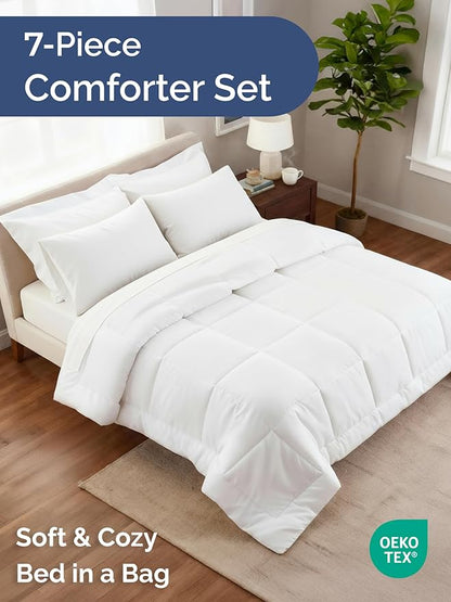 King Comforter Set - 7 Piece Bed in a Bag King Size Bed Set - Down Alternative Comforter, Flat Sheet, Fitted Sheet, Pillowcase & Shams for All Seasons - Ultra Soft, Cozy, Comfy and Breathable - White