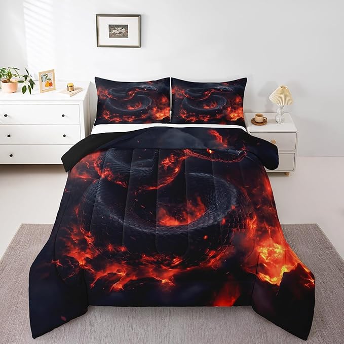 Manfei Snake Kids Comforter Full,Exotic Fire Snake Bedding Set for Girls Youth Bedroom Decor,3D Flame Magma Reversible Quilt Sets,Safari Animal Bedding Comforter Set,Soft Fluffy