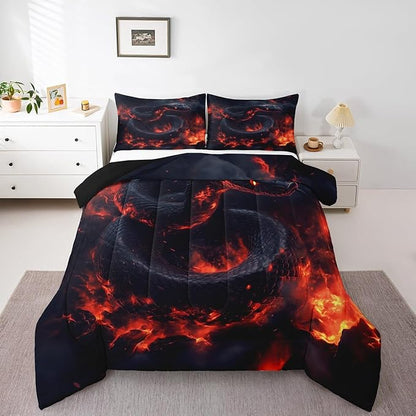Manfei Snake Kids Comforter Queen,Exotic Fire Snake Bedding Set for Girls Youth Bedroom Decor,3D Flame Magma Reversible Quilt Sets,Safari Animal Bedding Comforter Set,Soft Fluffy