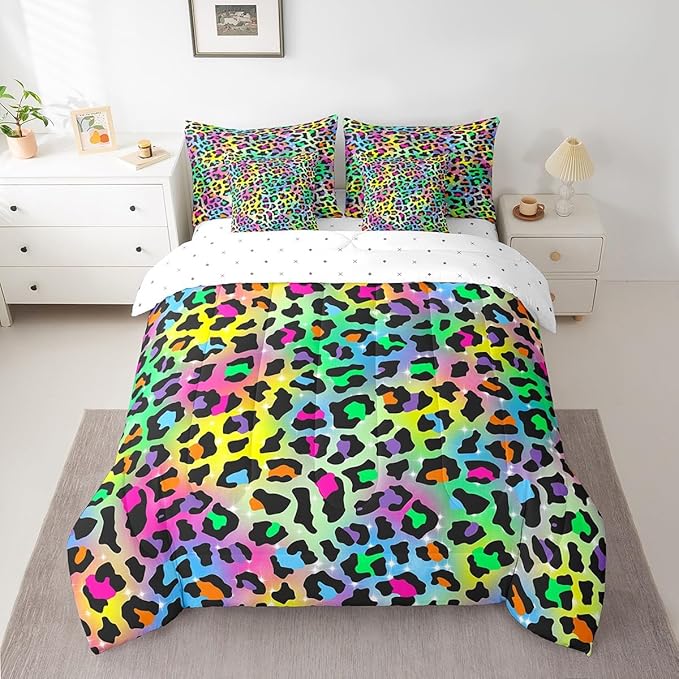 Feelyou Colourful Leopard Bedding Set for All Season Cheetah 7 Pieces Comforter Sets Twin Size Teens Room Decor Animal Print Bed in a Bag with Comforter, Sheets, Pillowcases & Cushion Cover