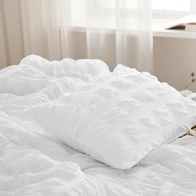 Bedsure Bed in a Bag Full - 7 Pieces Plaid Seersucker Bedding Comforter Sets, Soft Lightweight White Boho Bed Set with Comforters Full Size, Sheets, Pillowcases & Shams