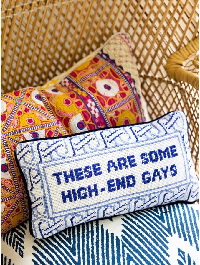 FURBISH Needlepoint Decorative Throw Pillow - High End Gays - 8" x 14" - Small Embroidered Accent Pillow for Bed, Chair, Couch, Sofa - Eclectic Home Decor