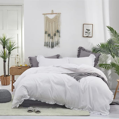 KAREVER White Ruffled Comforter Set King Size Bedding Set Women Ruffles Blanket Set Men Farmhouse Ruffle Fringe Design Girls 3 Pieces Solid White Ruffled Bedding Set