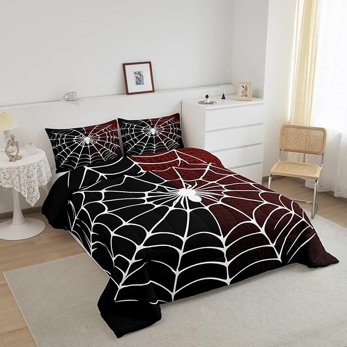 Spider Web Comforter Set Queen Size, Black and Red Halloween Bedding Set 3pcs, White Spider Arachnid Insect Animal Down Comforter for All Season, Kids Boys Teens Room Decor, 2 Pillowcases, No Sheets