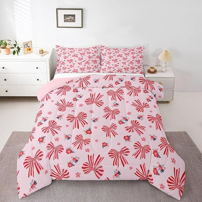 Feelyou Red Pink Pink Bow Comforter Set Queen Size Cute Floral Bedding Set for Kids Boys Girls Cute Bowknot Duvet Quilt Kawaii Bedroom Decor Microfiber 3 Pcs with 2 Pillow Cases