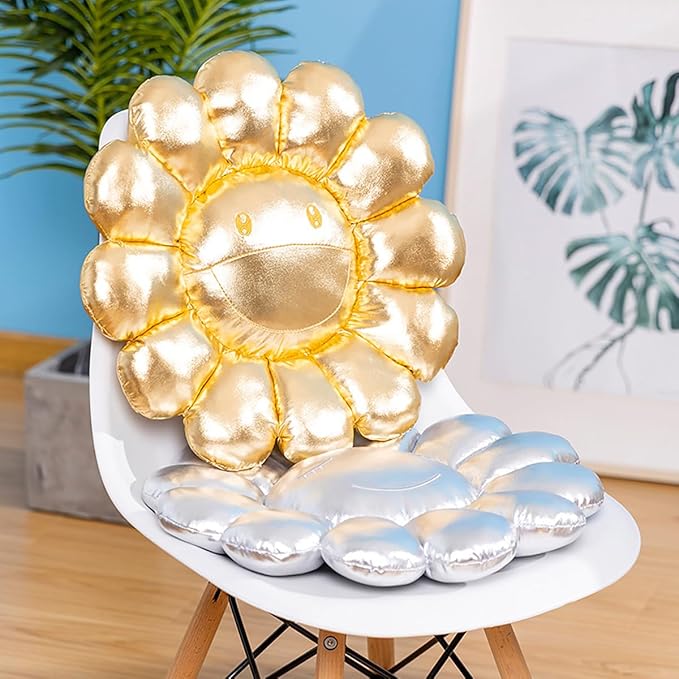 FIONOUT Silver Flower Pillow,16.53" Sunflower Plush Pillows for Bedroom Aesthetic, Soft Smiley Face Pillow Flower Floor Cushion,Cute Daisy Plush for Room Decor