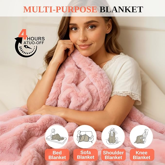 Electric Heated Blanket Throw 50"x60" Pink Ultra Soft Luxury Fluffy Faux Rabbit Fur Machine Washable 6 Heat Settings 4 Hours Auto Off Overheat Protection for Home Office Use