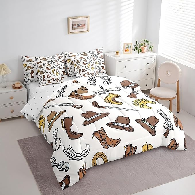 Erosebridal Cowboy Boots for Men Comforter Set 7 Piece Bed in a Bag Twin,U-Shaped Horse Bedding Sets Western Sheet Set with Comforter