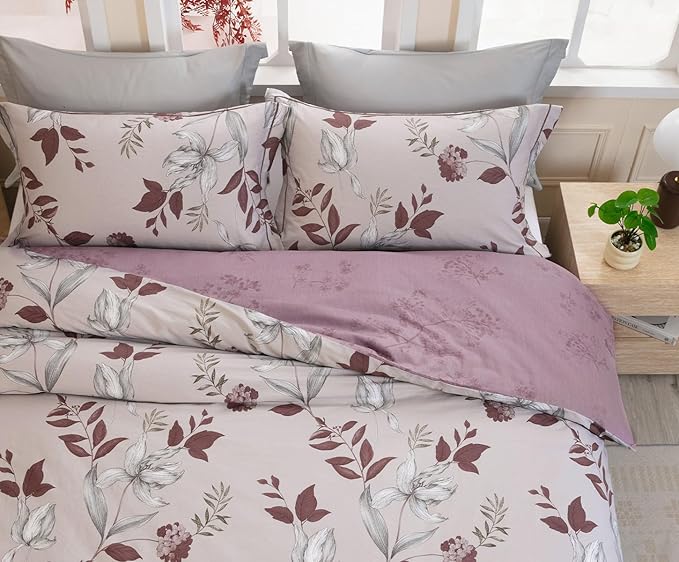 SLEEPBELLA Comforter Queen Size, 600 Thread Count Cotton Burgundy Botanical with Grey Floral Pattern Pink Reversible Comforter Set,Down Alternative Bedding Set 3Pcs(Queen, Burgundy Botanical)