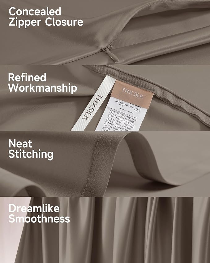 THXSILK Silk Sheet Set 5 Pcs, Split King Size Sheet Set, Soft Breathable Cooling Bed Sheets with 2 Flat Sheets, 1 Fitted Sheet, 2 Pillowcases with Zipper Closure, Charcoal