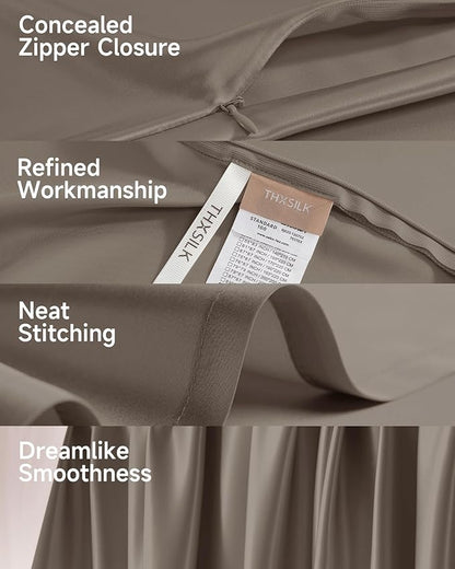 THXSILK Silk Sheet Set 5 Pcs, Split King Size Sheet Set, Soft Breathable Cooling Bed Sheets with 2 Flat Sheets, 1 Fitted Sheet, 2 Pillowcases with Zipper Closure, Charcoal