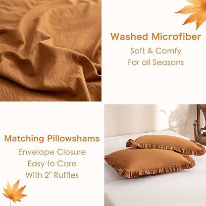 Masaca Pumpkin Farmhouse King Size Comforter Set,Shabby Boho Chic Bedding Ruffled King Bed Comforter Vintage Rustic Burnt Orange Bedding Sets 3 Pieces (1 Ruffle Comforter and 2 Pillowcases)