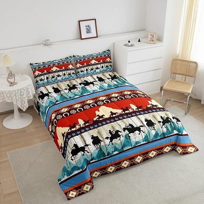 Feelyou Kids Twin Aztec Red Comforter Twin Size, Southwestern Cowboys Comforter Set for Boys Girls Horse Bedding Set Boho Tribal Duvet Set Microfiber Bed Set