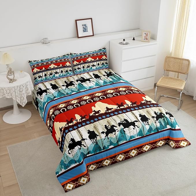 Feelyou Kids King Aztec Red Comforter King Size, Southwestern Cowboys Comforter Set for Boys Girls Horse Bedding Set Boho Tribal Duvet Set Microfiber Bed Set