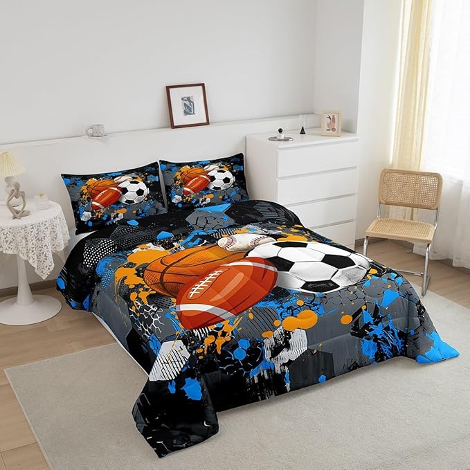 Feelyou Basketball Comforter Set Toddler Size Baseball Comforter for Boys Girls Teens Football Bedding Set Sports Game Duvet Set Room Decor Balck Grey Blue Mixed Ball Quilt Set