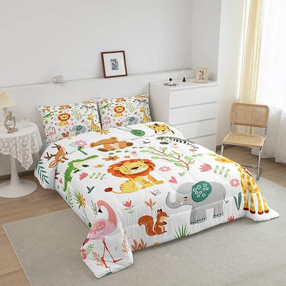 Feelyou Twin Size Cartoon Lions Giraffe Comforter Set Zoo Animals Bedding Set Flamingo Zebra Comforter for Kids Boys Girls Kawaii Animals Duvet Insert 2Pcs
