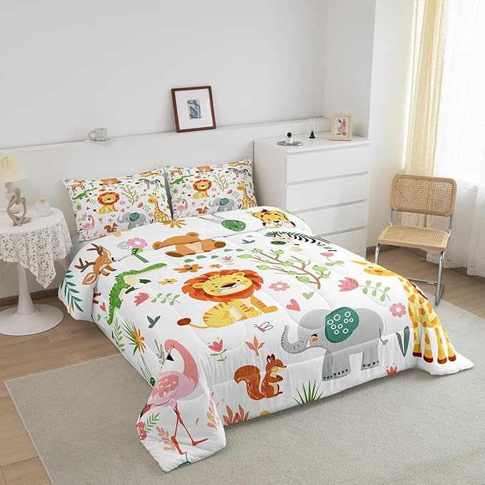 Feelyou Toddler Size Cartoon Lions Giraffe Comforter Set Zoo Animals Bedding Set Flamingo Zebra Comforter for Kids Boys Girls Kawaii Animals Duvet Insert 2Pcs