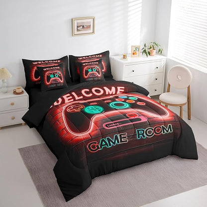 jejeloiu Red Gamer Gaming 7 Piece Bedding Set King Size for Boys Game Console Comforter Set with Sheets Kids Teens Neon Light Bed in a Bag Cool Game Room Decor Bed Set