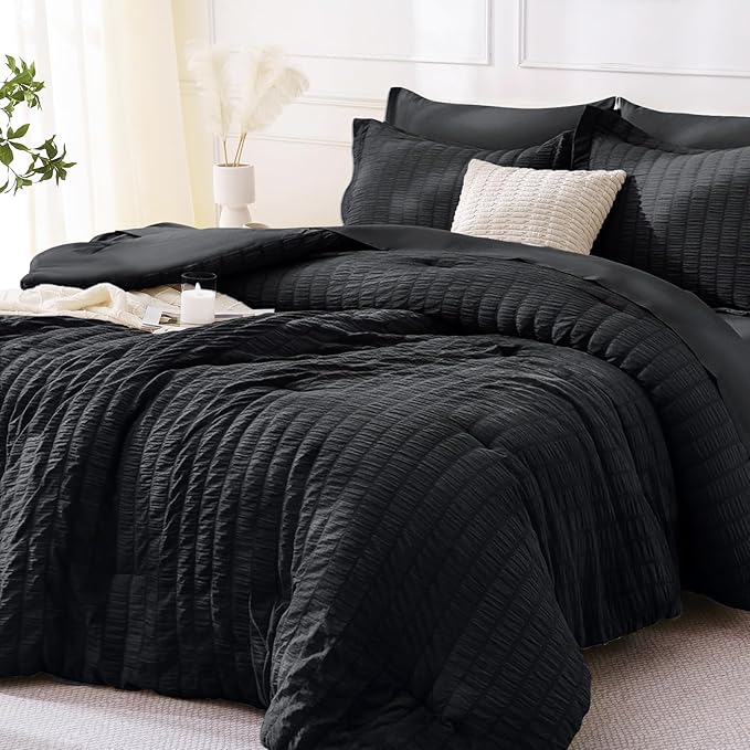 MUXHOMO 7 Pieces Full Comforter Set, Seersucker Bed in a Bag Full Size, All Season Luxury Bedding Set with Comforter, Flat Sheet, Fitted Sheet, Pillowcases & Shams, Black