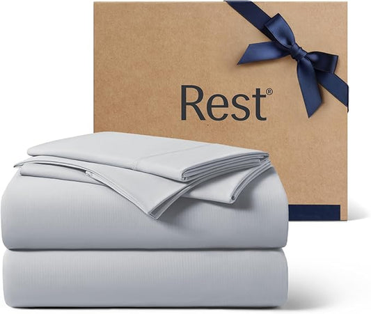 REST® Evercool®+ Cooling Sheet Set, Queen Size, Light Gray, Breathable Bed Sheets for Hot Sleeper and Night Sweats, with Pillowcases, with Ionic+ Self-Cleaning Silver Yarn for Sensitive Skin, 4PCS