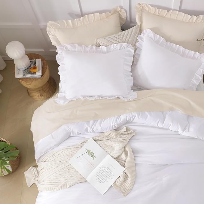 Andency White Comforter Twin Size, 2 Pieces Ruffle Cute Soft Lightweight Fluffy Bedding Comforters & Sets, All Season Farmhouse Shabby Chic Room Decor Bed Set for Girls Teens Kids Gift Choice