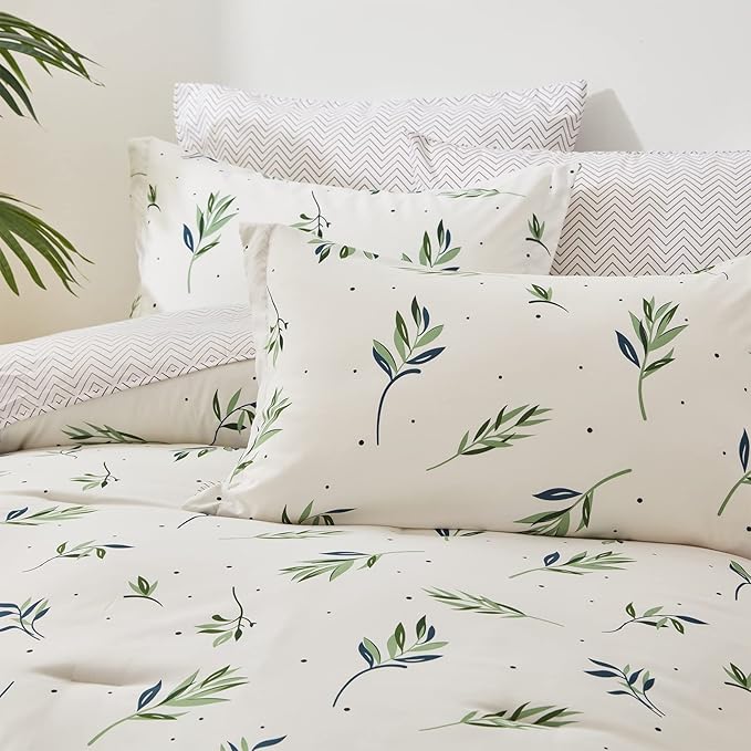 EMME Twin Comforter Set - Sage Green Floral Bedding Sets 5 PCS with Nature Leaves Pattern, Soft Leaf Printed Botanical Bed Set with Sheets, Fluffy Bed Bag for All Season(68"X90")