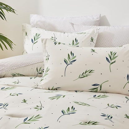 EMME Twin Comforter Set - Sage Green Floral Bedding Sets 5 PCS with Nature Leaves Pattern, Soft Leaf Printed Botanical Bed Set with Sheets, Fluffy Bed Bag for All Season(68"X90")