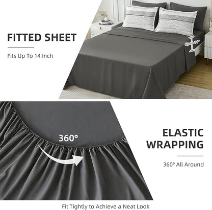 Drucon Black and Grey Comforter Set California King Size 7 Piece Bed in a Bag Boho Striped Bedding Set Soft Microfiber Comforter and Sheet Set for All Season (Cal King, 104"x96")