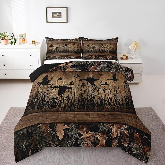 Erosebridal Camo Mallard Duck Comforter Set for Kids Boys Men Rustic Farmhouse Cabin Bedding Comforter Sets Twin,Hunting Woodland Duck Bedding Set Country Wood Board Animal Silhouette Bed Set