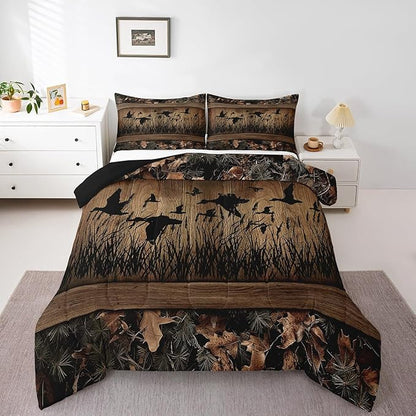 Erosebridal Camo Mallard Duck Comforter Set for Kids Boys Men Rustic Farmhouse Cabin Bedding Comforter Sets Full,Hunting Woodland Duck Bedding Set Country Wood Board Animal Silhouette Bed Set