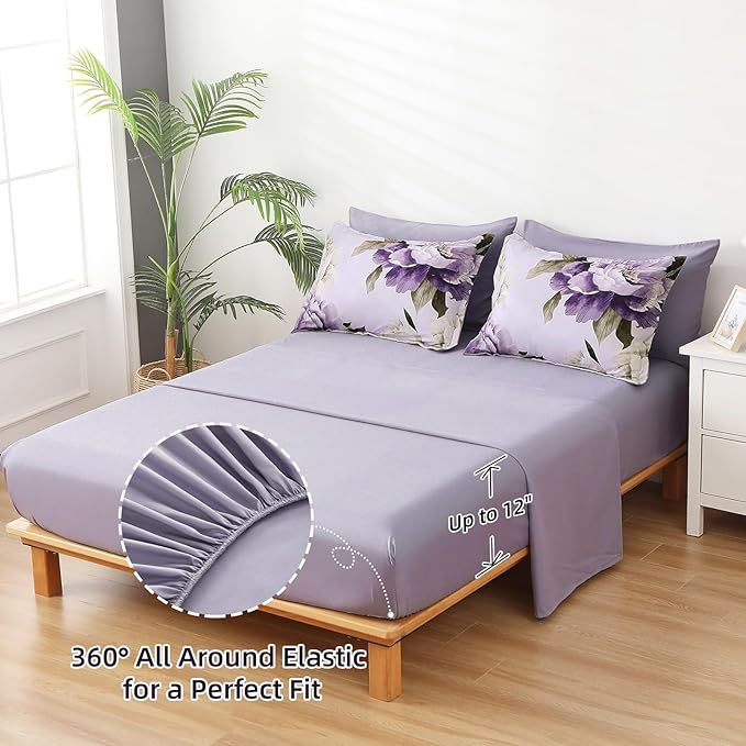 Dobuyly Purple Queen Comforter Set 7 Piece Bed in a Bag Queen, Purple Floral Printed on Light Purple Comforter Set with Sheets, Soft Microfiber Botanical Complete Bedding Set for All Season