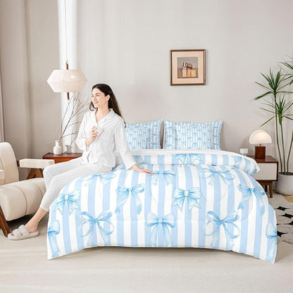 Erosebridal Bow Girls Cute White Blue Full Comforter Set 7 Pieces | Bowknot Kawaii Bed in A Bag for Bedroom Stripe Bedding Set with Comforters Geometric Room Decor