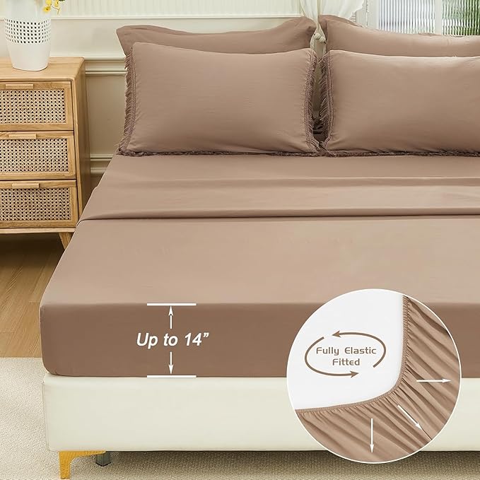 Andency Oversized King Comforter Set Taupe 120x98-7 Pieces Boho Tassel Bed in a Bag Soft Lightweight Bedding Sets, Fringe All Season Bed Set with Comforter, Sheets, Pillowcases & Shams
