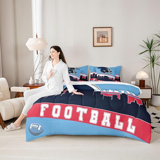 Erosebridal Football 7 Pcs Comforter Set Full Football Fans Bedding for Boys Girls Football City Sheet Set Bed in A Bag Purple Rugby Competition Room Decor Sports Ball Game Quilt