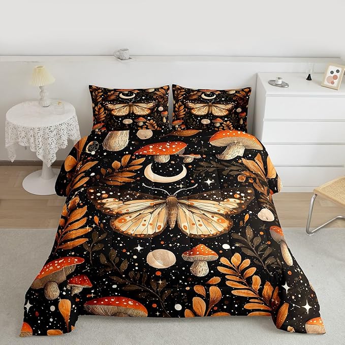 Erosebridal Orange Mushroom Comforter Set Queen, Gothic Moth Bedding Set for Kids Boys Girls Adults Gothic Bedroom Decor, Butterfly Vintage Plants Comforter, Moon and Starry Star Black Quilt
