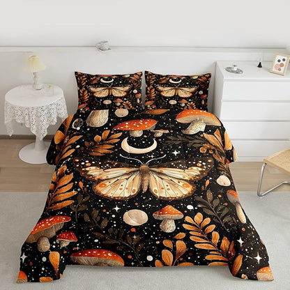 Erosebridal Orange Mushroom Comforter Set Queen, Gothic Moth Bedding Set for Kids Boys Girls Adults Gothic Bedroom Decor, Butterfly Vintage Plants Comforter, Moon and Starry Star Black Quilt