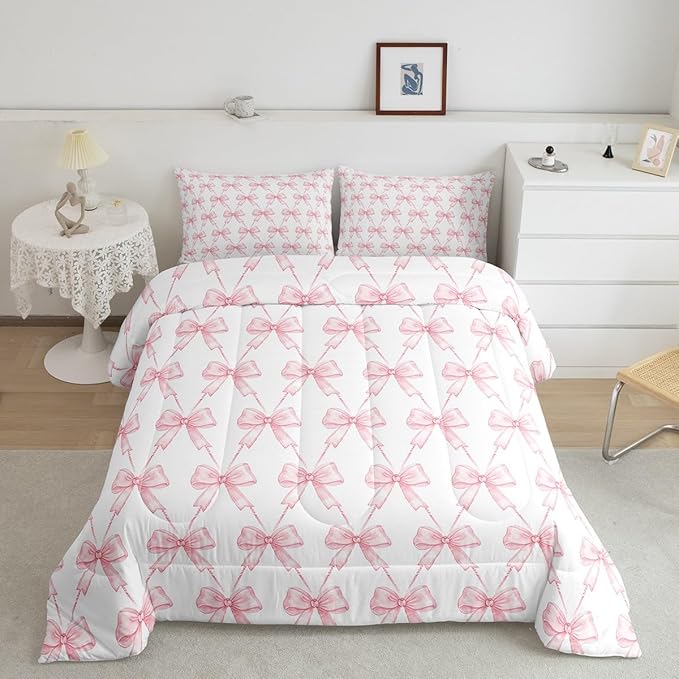 Feelyou Pink Bow Comforter Set King Size, Pink Bow Bedding Set for Girls, Coquette Bowknot Girls Comforter for Kids, Kawaii Dreamy Princess Style Room Decor, 2 Pillowcases