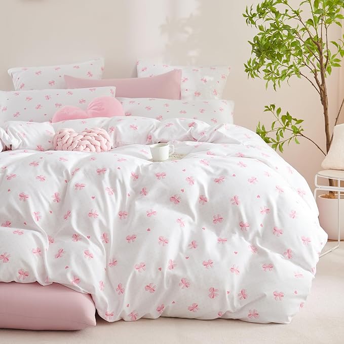 Nayoroom Pink Bow Comforter Set Full Size Heart Bowknot Printed Cute Comforter 3 Pieces Soft Lightweight Kids Girls Dorm Bedding Set for All Seasons