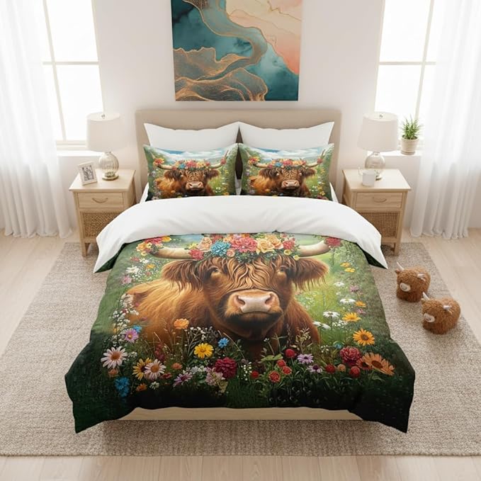 Highland Cow Twin Comforter Set for Girls Boys,Rustic Bedding Set for Boys Children, Warm Microfiber Quilt Set with 1 Pillowcase/68 * 86
