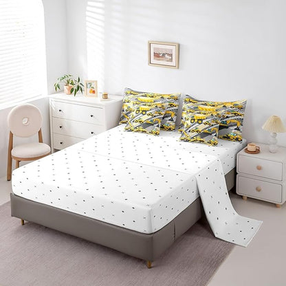 Feelyou Boys Construction Comforter Set King Size 7 Pcs Kids Construction Site Cars Comforter Bed in a Bag Trucks Excavators Bedding Set Child Tractors Bed Set with Sheets, Pillowcases, Pillow Covers